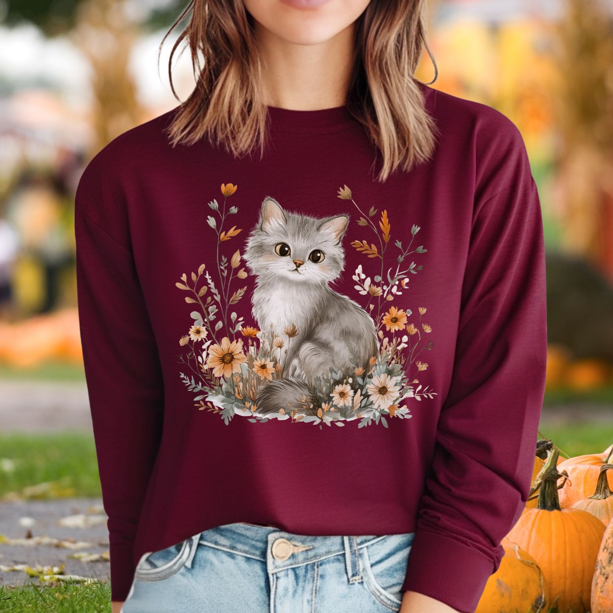 Autumn Grey Kitty with Wildflowers Long Sleeve Tee