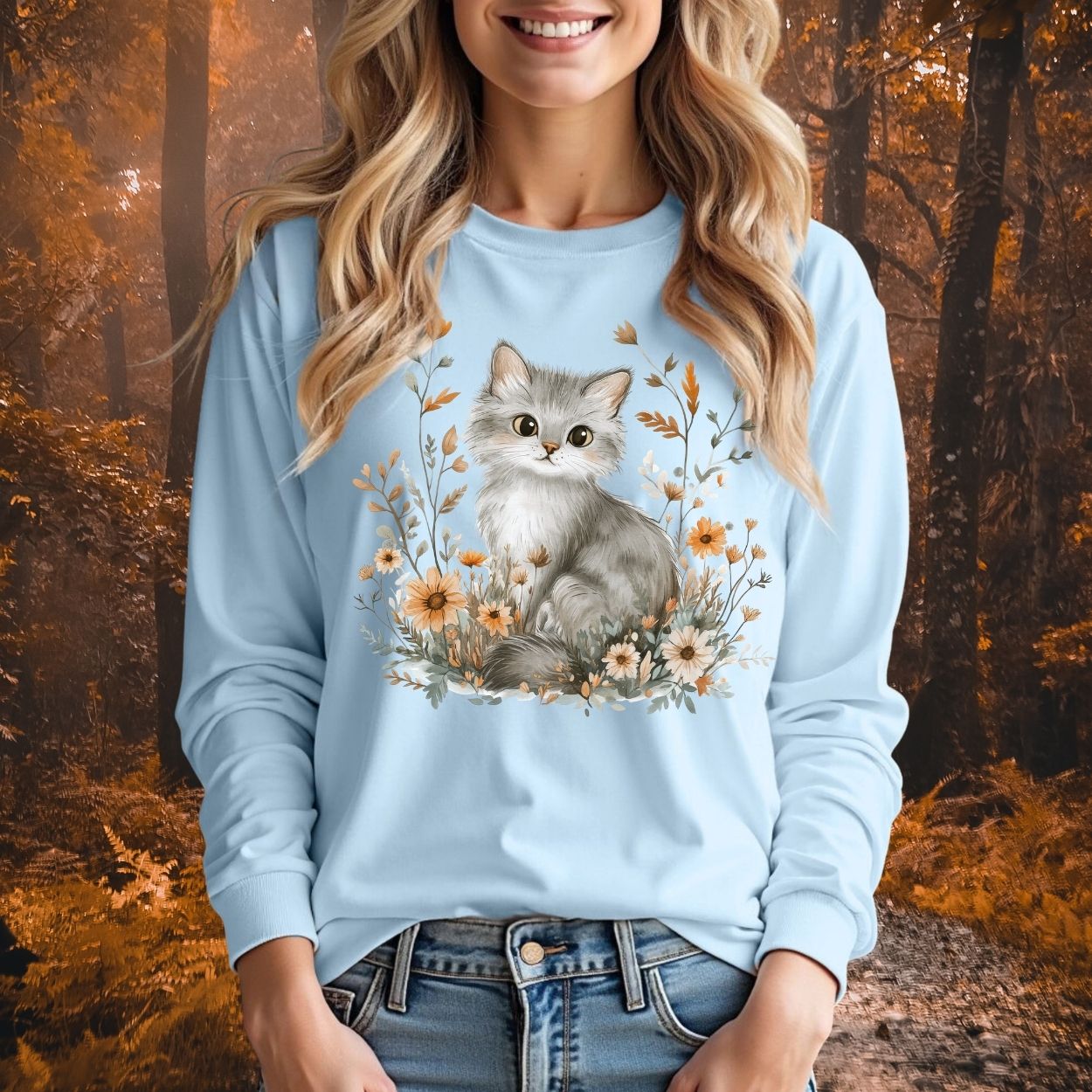 Autumn Grey Kitty with Wildflowers Long Sleeve Tee