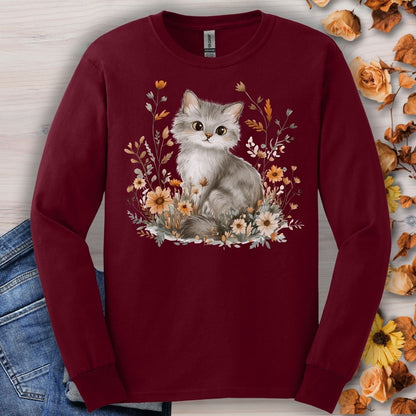 Autumn Grey Kitty with Wildflowers Long Sleeve Tee