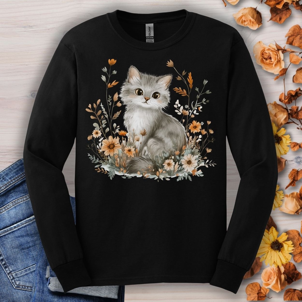 Autumn Grey Kitty with Wildflowers Long Sleeve Tee