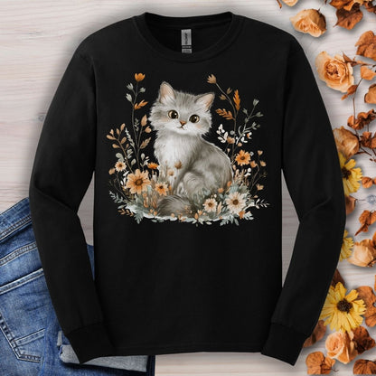 Autumn Grey Kitty with Wildflowers Long Sleeve Tee