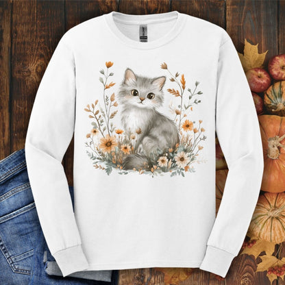 Autumn Grey Kitty with Wildflowers Long Sleeve Tee