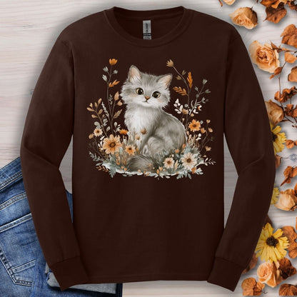 Autumn Grey Kitty with Wildflowers Long Sleeve Tee