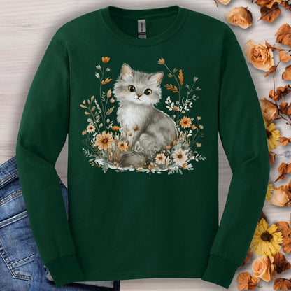 Autumn Grey Kitty with Wildflowers Long Sleeve Tee