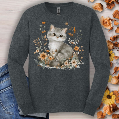 Autumn Grey Kitty with Wildflowers Long Sleeve Tee