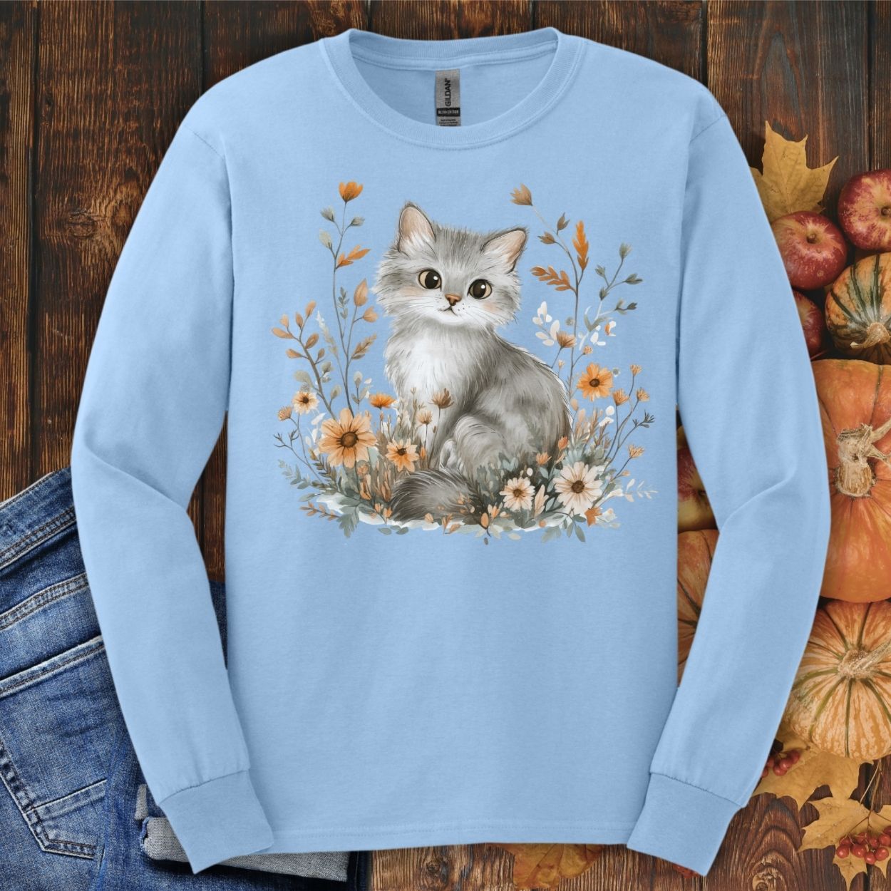 Autumn Grey Kitty with Wildflowers Long Sleeve Tee
