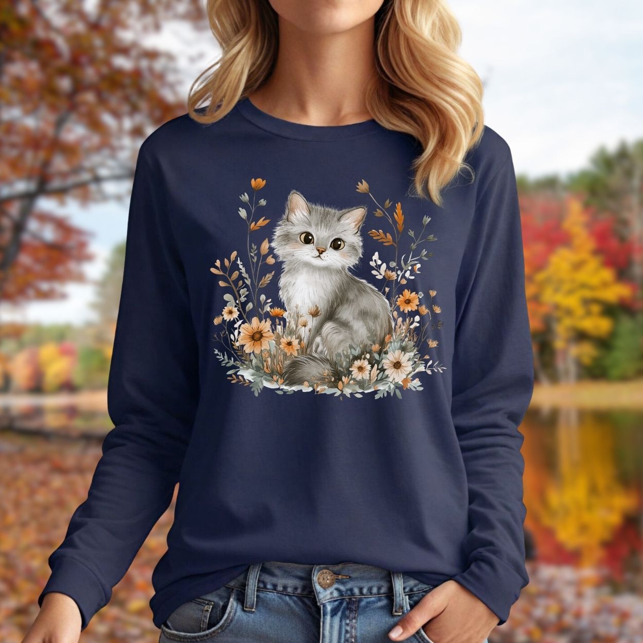 Autumn Grey Kitty with Wildflowers Long Sleeve Tee
