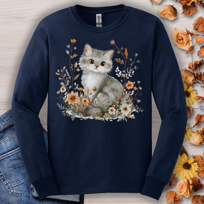 Autumn Grey Kitty with Wildflowers Long Sleeve Tee