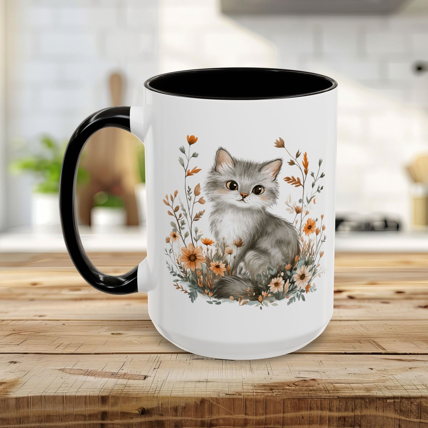 Autumn Grey Kitty with Wildflowers Mug (11/15oz)