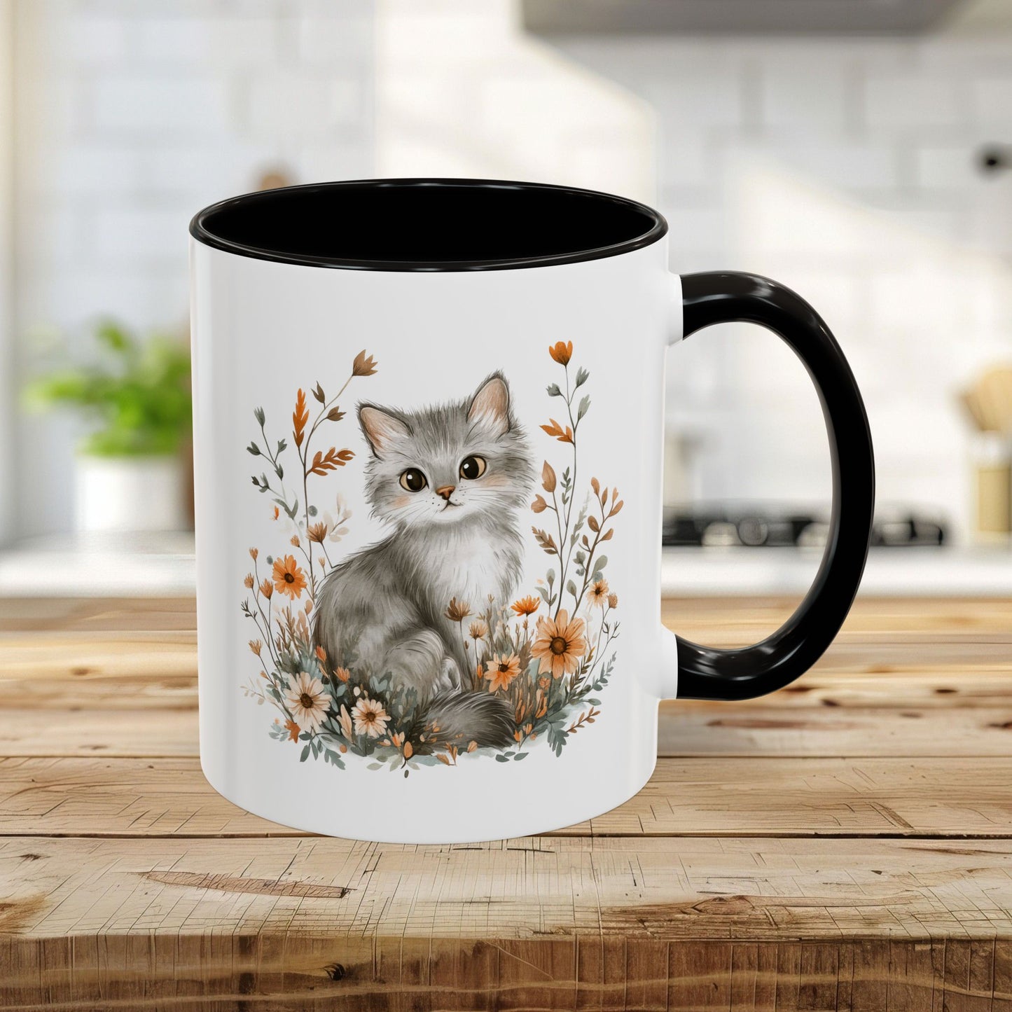Autumn Grey Kitty with Wildflowers Mug (11/15oz)