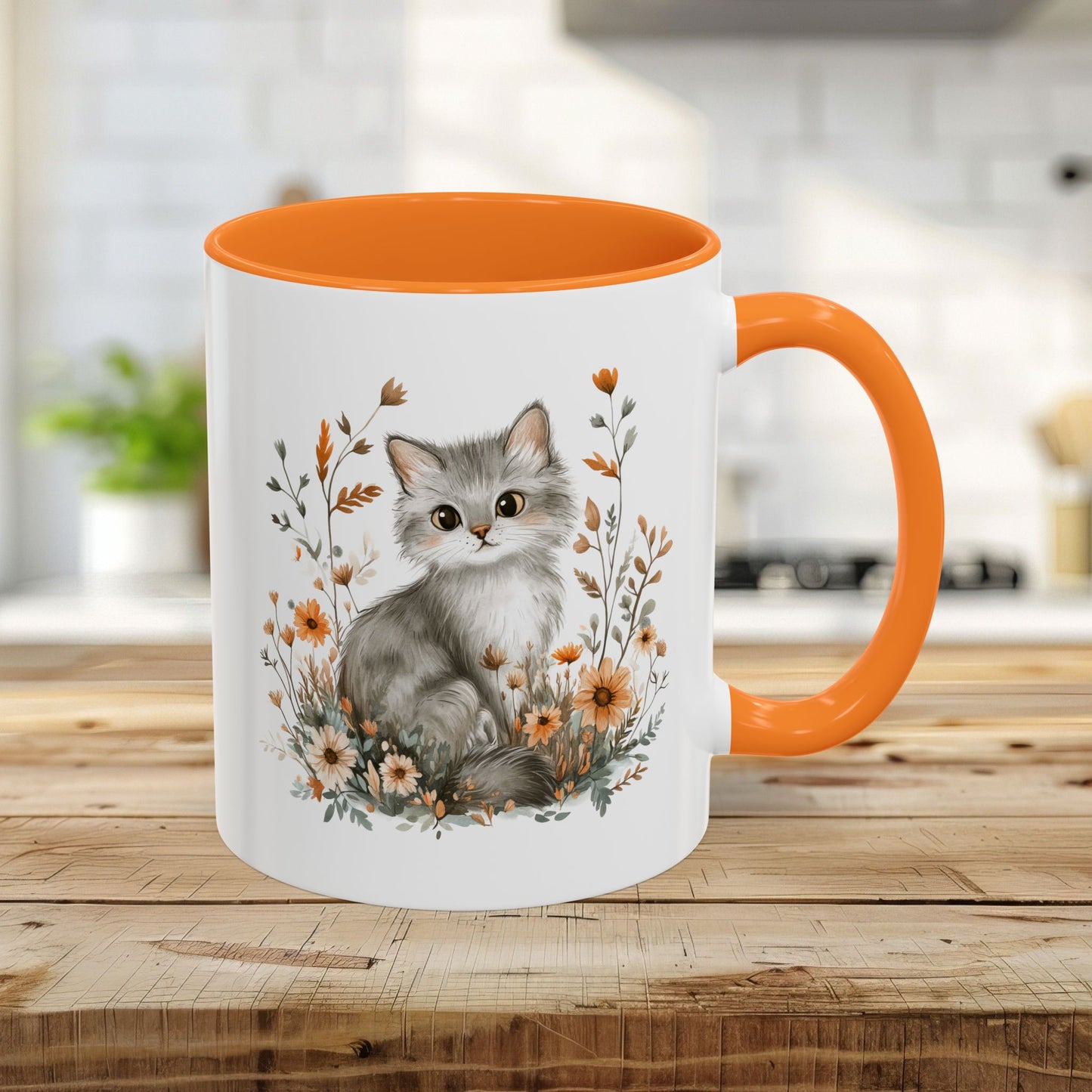 Autumn Grey Kitty with Wildflowers Mug (11/15oz)