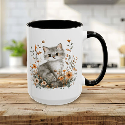 Autumn Grey Kitty with Wildflowers Mug (11/15oz)