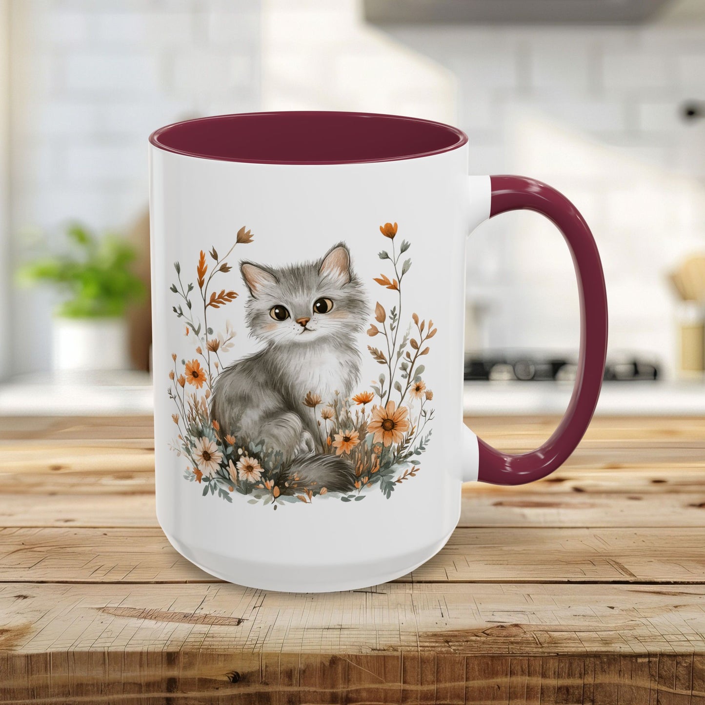 Autumn Grey Kitty with Wildflowers Mug (11/15oz)