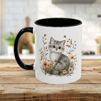 Autumn Grey Kitty with Wildflowers Mug (11/15oz)