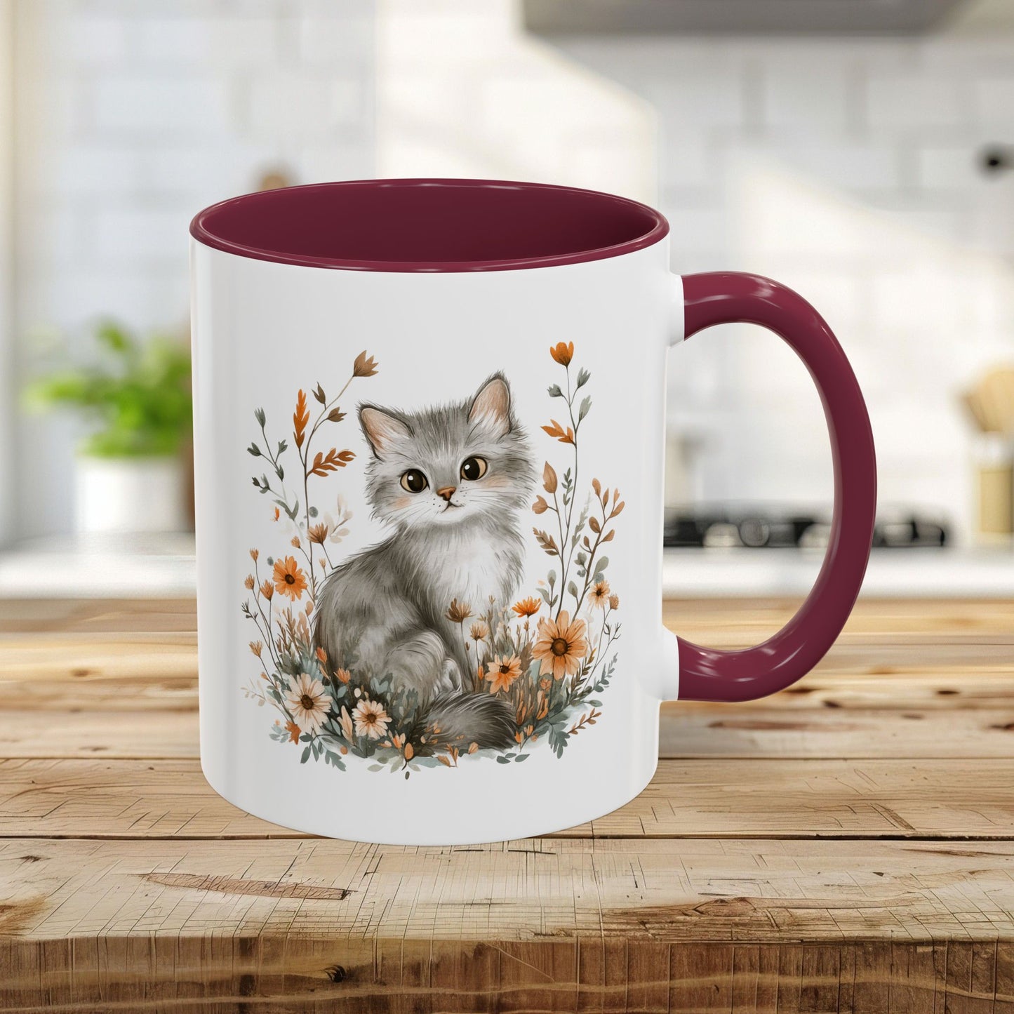 Autumn Grey Kitty with Wildflowers Mug (11/15oz)