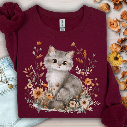 Autumn Grey Kitty with Wildflowers Sweatshirt