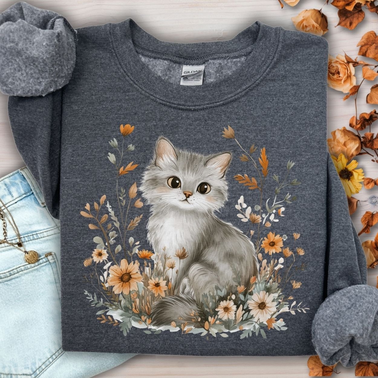 Autumn Grey Kitty with Wildflowers Sweatshirt, featuring a hand-painted kitten among warm autumn florals.