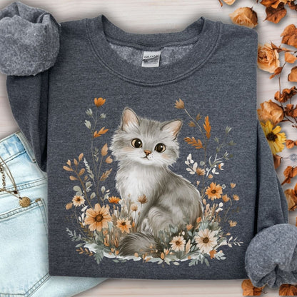 Autumn Grey Kitty with Wildflowers Sweatshirt, featuring a hand-painted kitten among warm autumn florals.