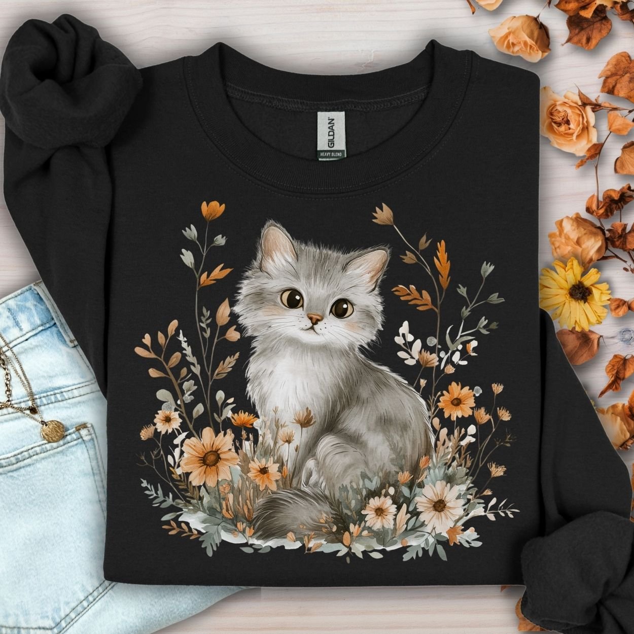 Black Autumn Grey Kitty with Wildflowers sweatshirt, featuring a hand-painted kitten among warm autumn florals.