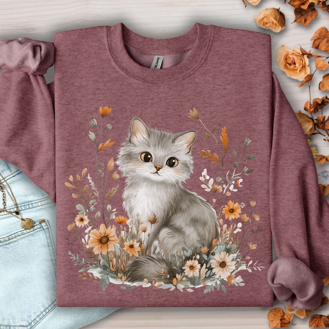 Heather Sport Dark Maroon sweatshirt with a grey kitten and autumn wildflowers.