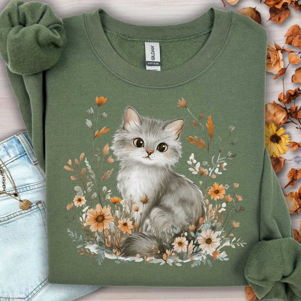 Military Green Autumn Grey Kitty with Wildflowers sweatshirt, soft crewneck, cozy unisex fit.