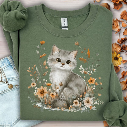 Military Green Autumn Grey Kitty with Wildflowers sweatshirt, soft crewneck, cozy unisex fit.