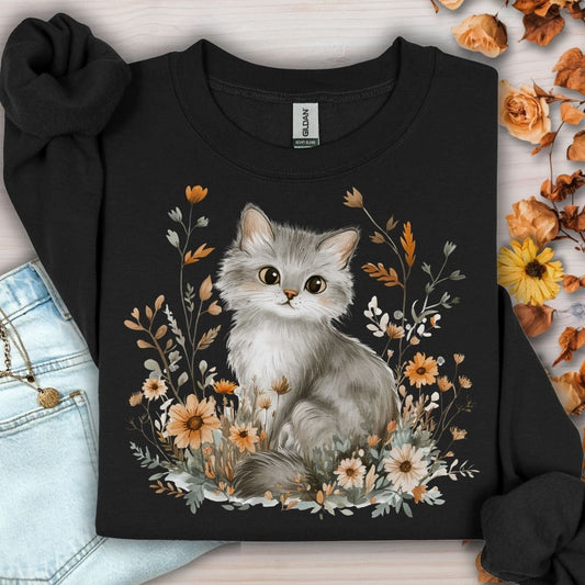 Autumn Grey Kitty with Wildflowers Sweatshirt