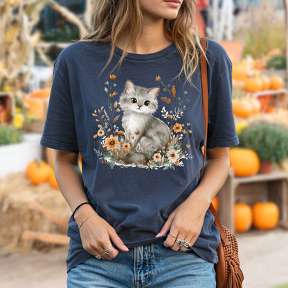 Autumn Grey Kitty with Wildflowers T-Shirt