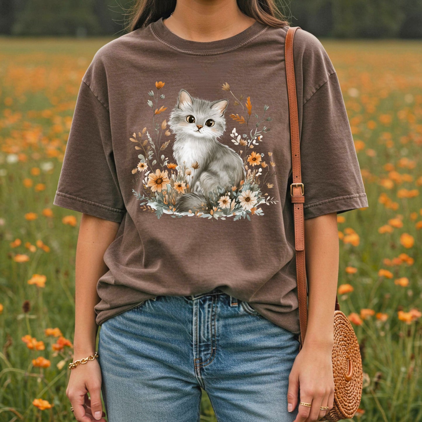Autumn Grey Kitty with Wildflowers T-Shirt