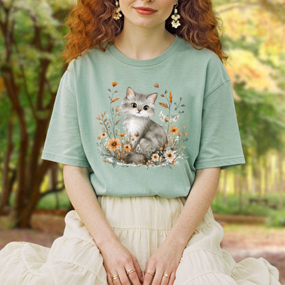 Autumn Grey Kitty with Wildflowers T-Shirt
