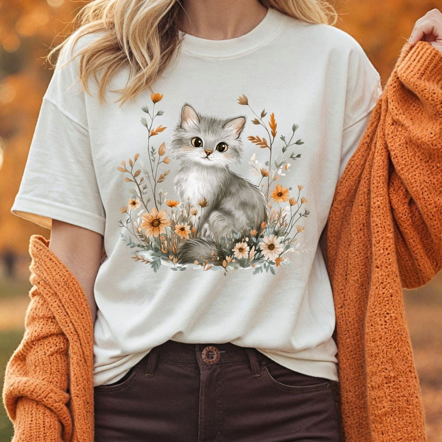 Autumn Grey Kitty with Wildflowers T-Shirt