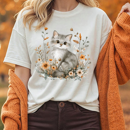 Autumn Grey Kitty with Wildflowers T-Shirt