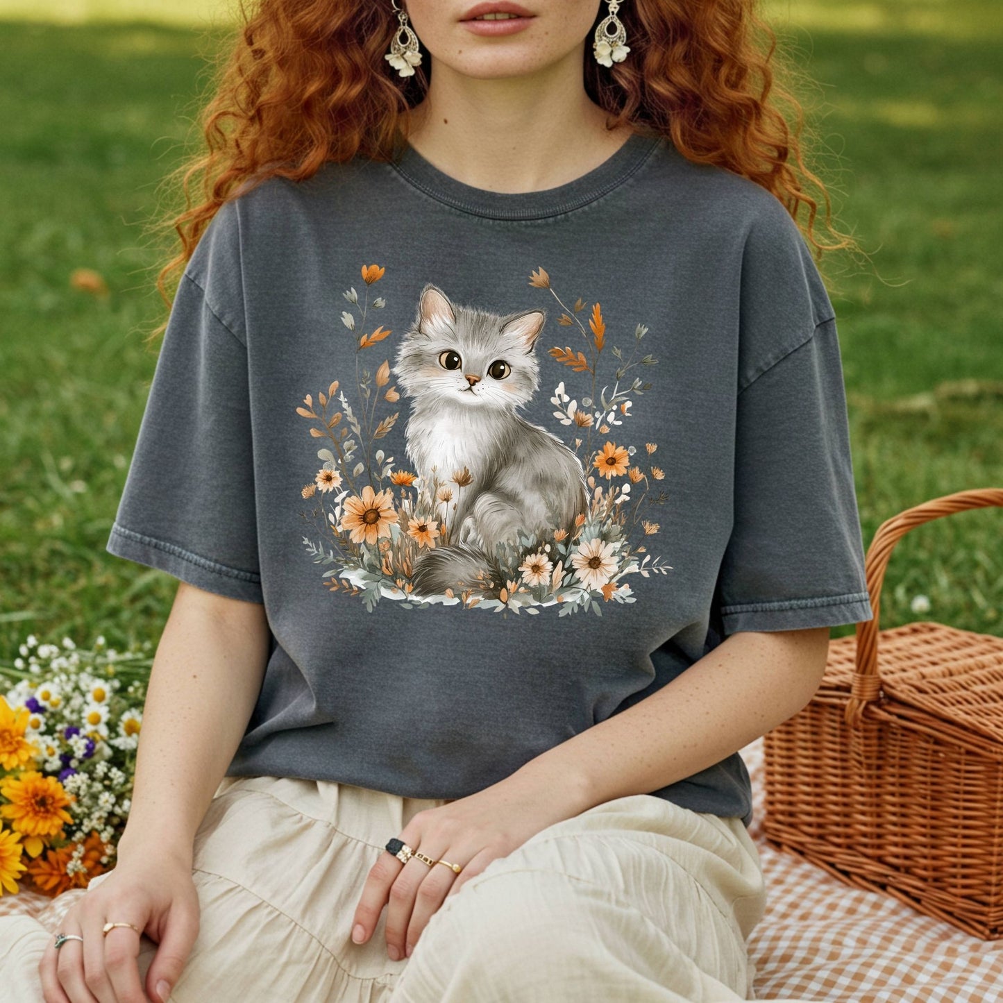 Autumn Grey Kitty with Wildflowers T-Shirt