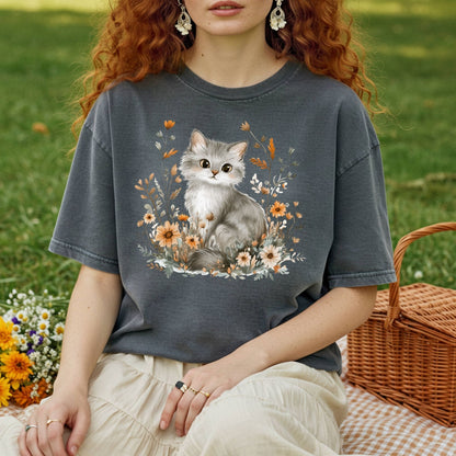 Autumn Grey Kitty with Wildflowers T-Shirt