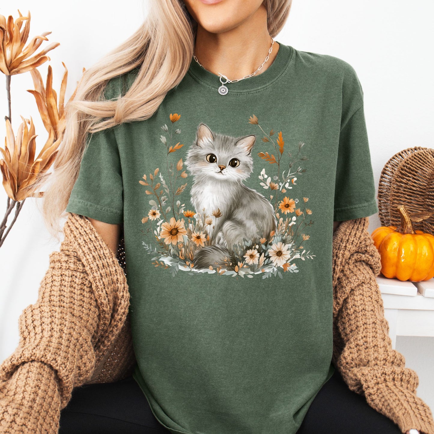 Autumn Grey Kitty with Wildflowers T-Shirt