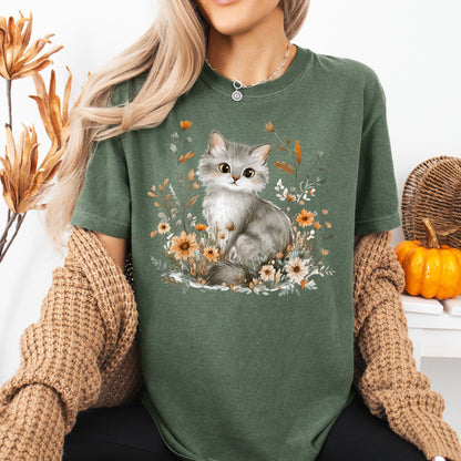 Autumn Grey Kitty with Wildflowers T-Shirt