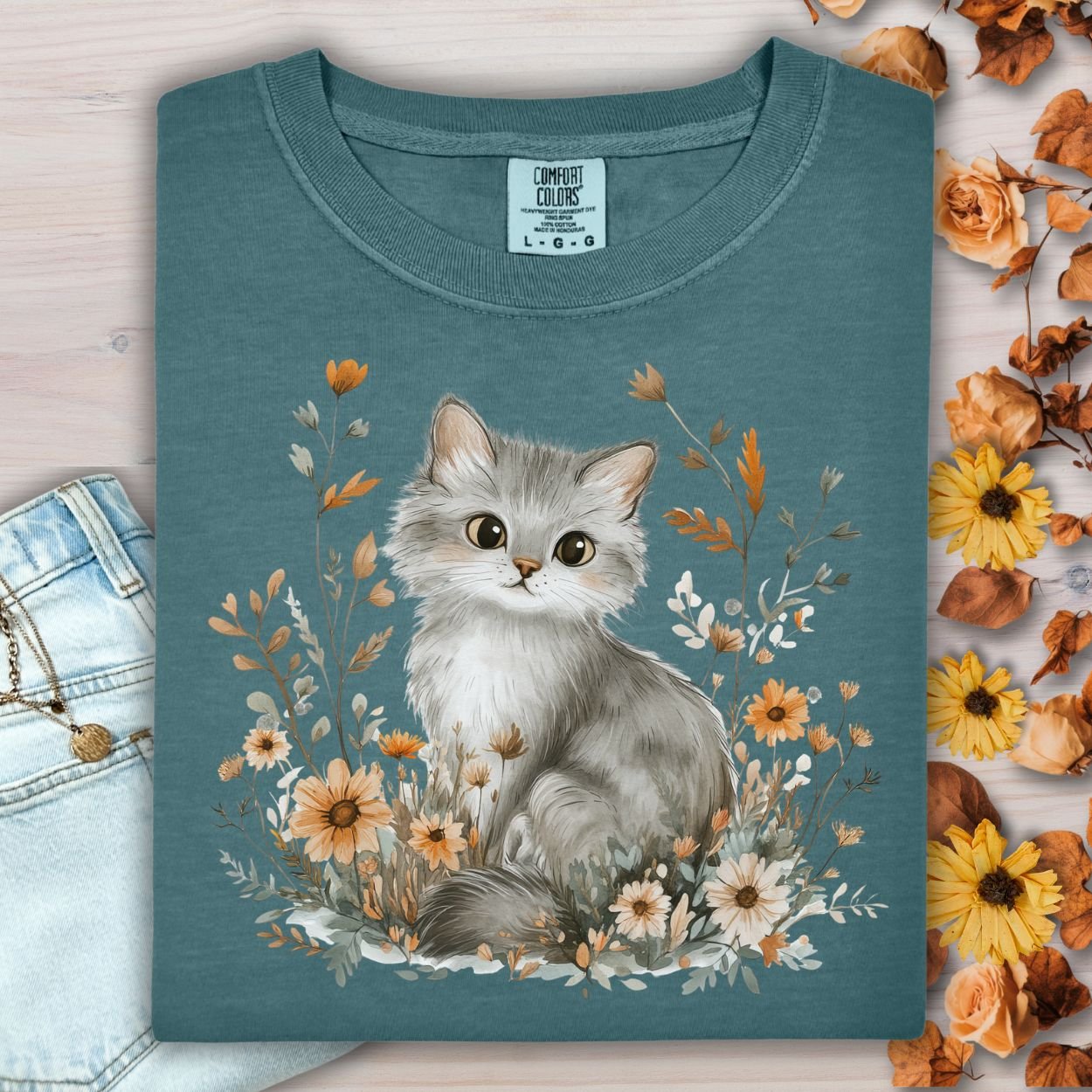 Autumn Grey Kitty with Wildflowers T-Shirt
