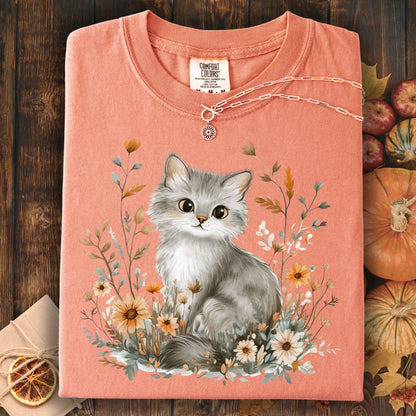 Autumn Grey Kitty with Wildflowers T-Shirt