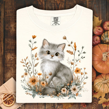 Autumn Grey Kitty with Wildflowers T-Shirt