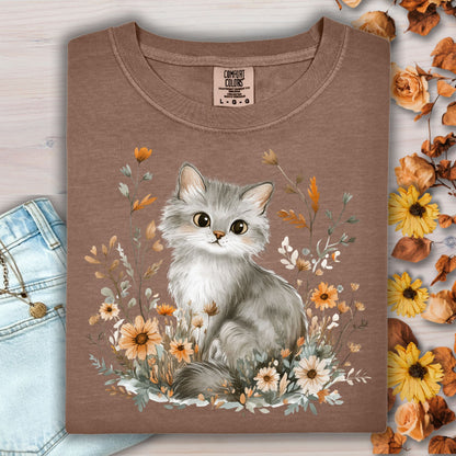 Autumn Grey Kitty with Wildflowers T-Shirt