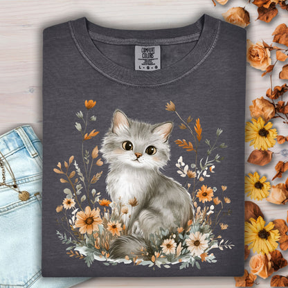 Autumn Grey Kitty with Wildflowers T-Shirt