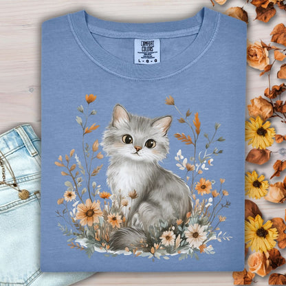 Autumn Grey Kitty with Wildflowers T-Shirt