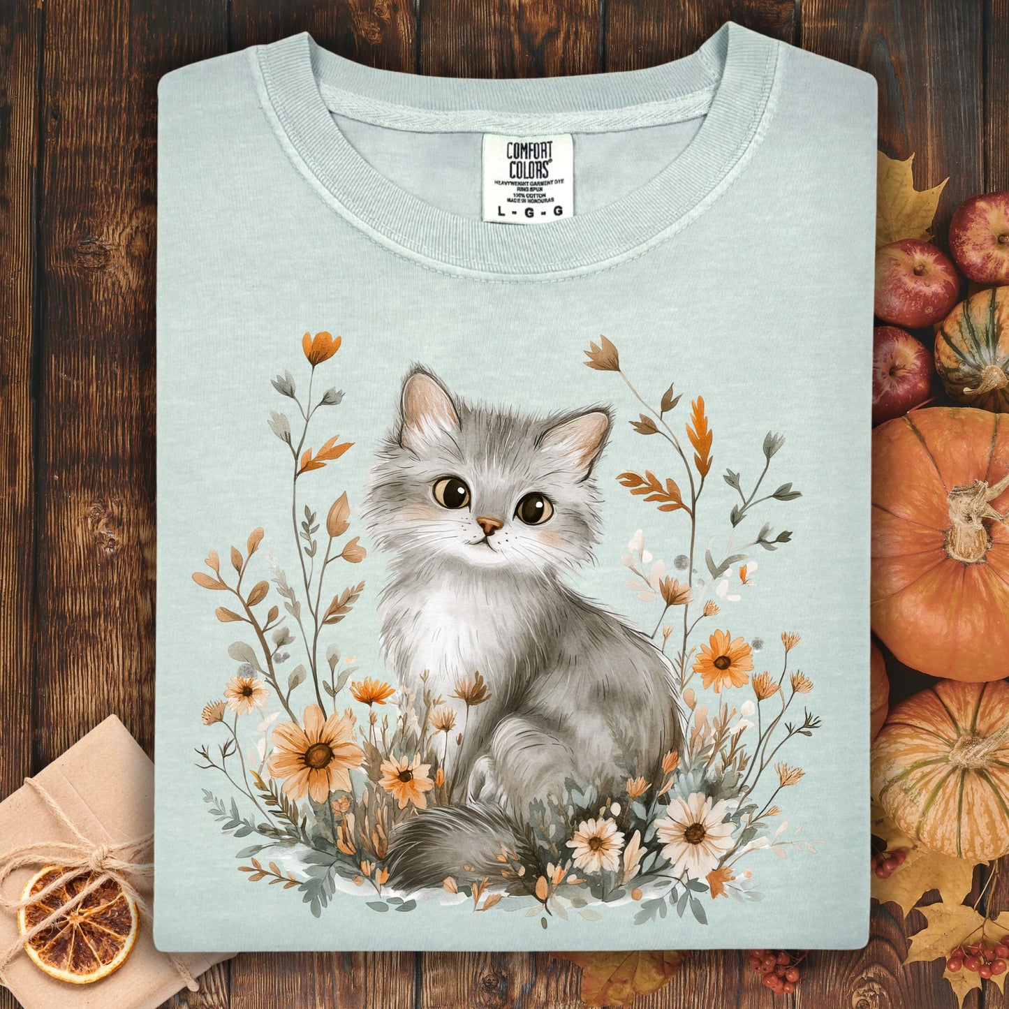 Autumn Grey Kitty with Wildflowers T-Shirt