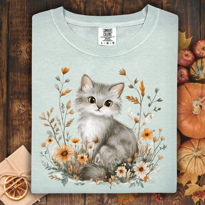 Autumn Grey Kitty with Wildflowers T-Shirt