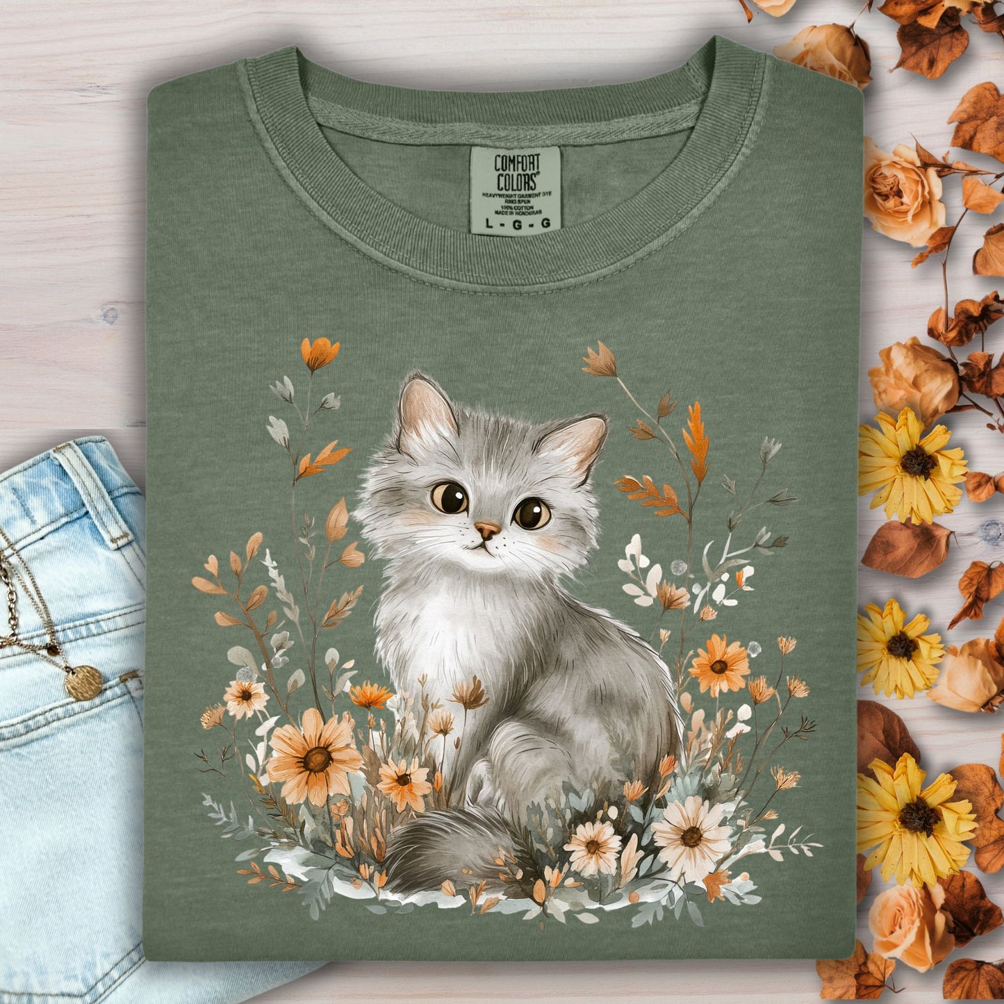 Autumn Grey Kitty with Wildflowers T-Shirt