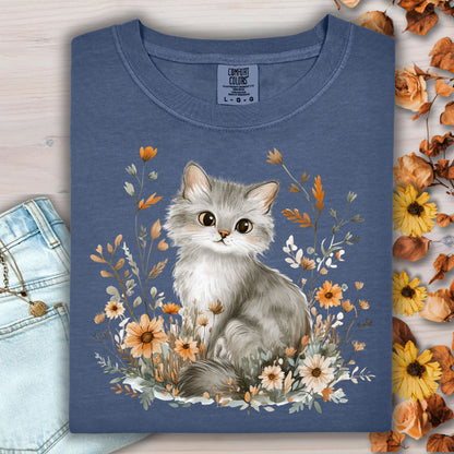 Autumn Grey Kitty with Wildflowers T-Shirt