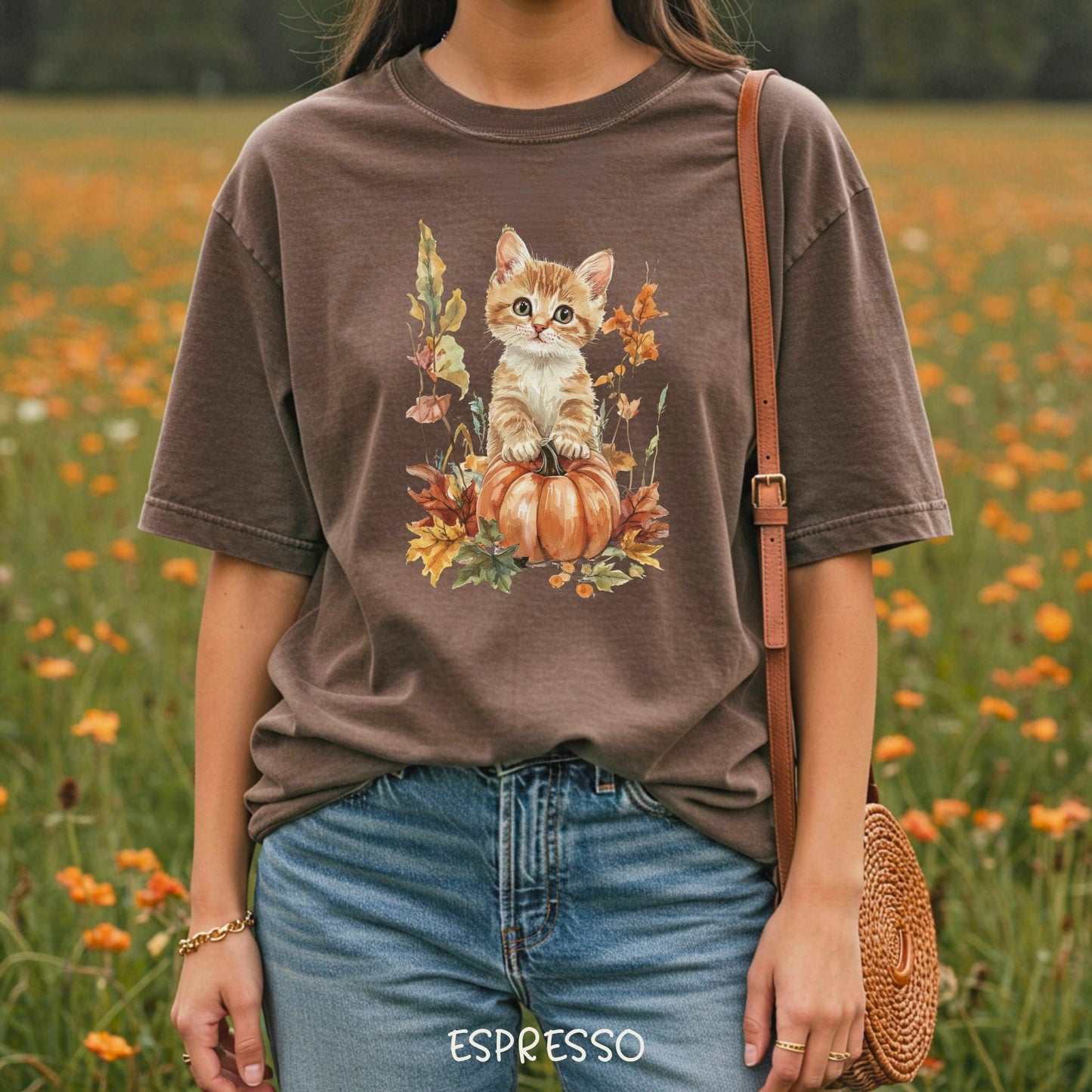 Autumn Kitten Pumpkin & Foliage T-Shirt