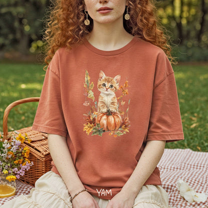 Autumn Kitten Pumpkin & Foliage T-Shirt