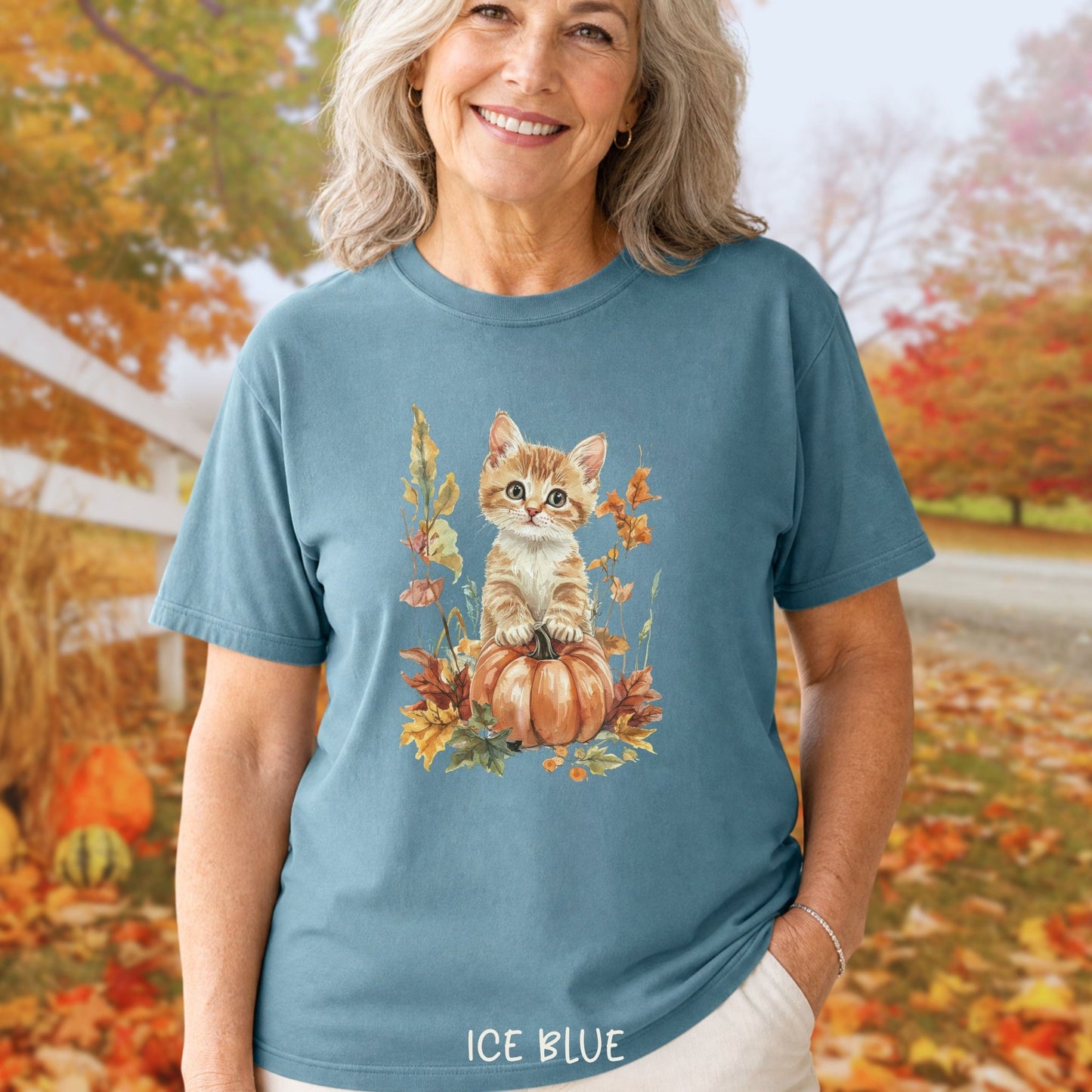 Autumn Kitten Pumpkin & Foliage T-Shirt
