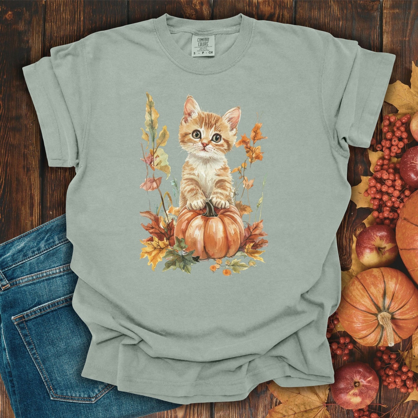 Autumn Kitten Pumpkin & Foliage T-Shirt
